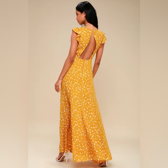 Lulus Fresh Picked Mustard Yellow Floral Print Backless Maxi Dress - S - NWT - Picture 2 of 5
